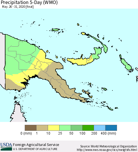 Papua New Guinea Precipitation 5-Day (WMO) Thematic Map For 5/26/2020 - 5/31/2020