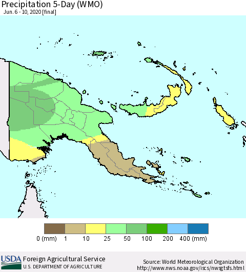 Papua New Guinea Precipitation 5-Day (WMO) Thematic Map For 6/6/2020 - 6/10/2020