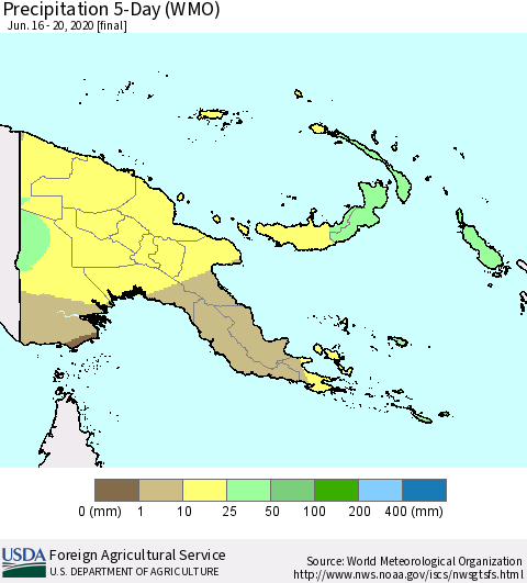 Papua New Guinea Precipitation 5-Day (WMO) Thematic Map For 6/16/2020 - 6/20/2020