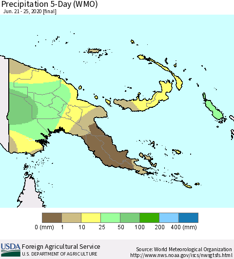 Papua New Guinea Precipitation 5-Day (WMO) Thematic Map For 6/21/2020 - 6/25/2020