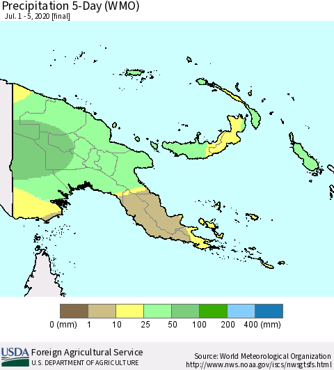 Papua New Guinea Precipitation 5-Day (WMO) Thematic Map For 7/1/2020 - 7/5/2020