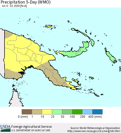 Papua New Guinea Precipitation 5-Day (WMO) Thematic Map For 7/6/2020 - 7/10/2020