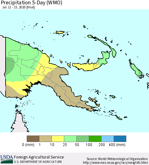 Papua New Guinea Precipitation 5-Day (WMO) Thematic Map For 7/11/2020 - 7/15/2020