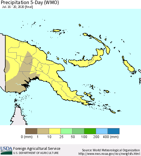 Papua New Guinea Precipitation 5-Day (WMO) Thematic Map For 7/16/2020 - 7/20/2020