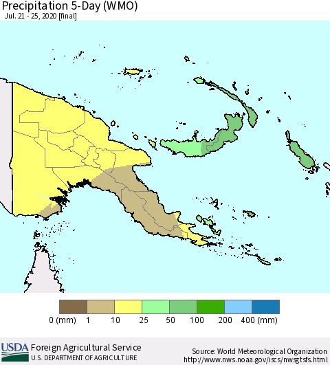 Papua New Guinea Precipitation 5-Day (WMO) Thematic Map For 7/21/2020 - 7/25/2020