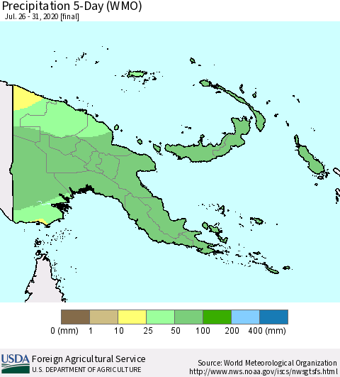Papua New Guinea Precipitation 5-Day (WMO) Thematic Map For 7/26/2020 - 7/31/2020