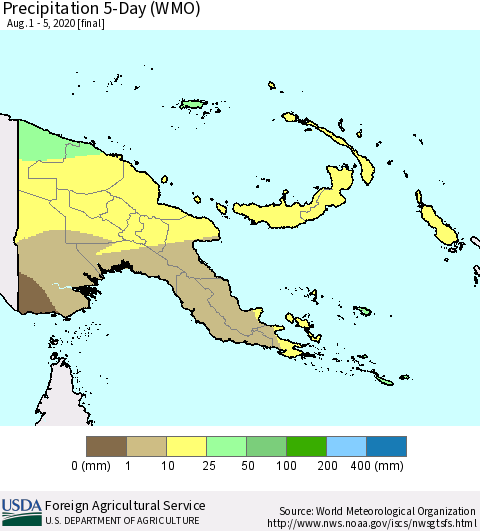Papua New Guinea Precipitation 5-Day (WMO) Thematic Map For 8/1/2020 - 8/5/2020