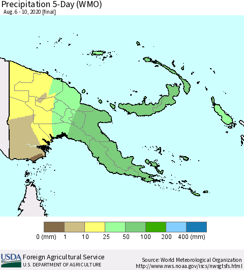Papua New Guinea Precipitation 5-Day (WMO) Thematic Map For 8/6/2020 - 8/10/2020