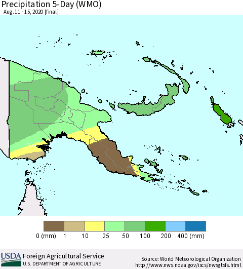 Papua New Guinea Precipitation 5-Day (WMO) Thematic Map For 8/11/2020 - 8/15/2020
