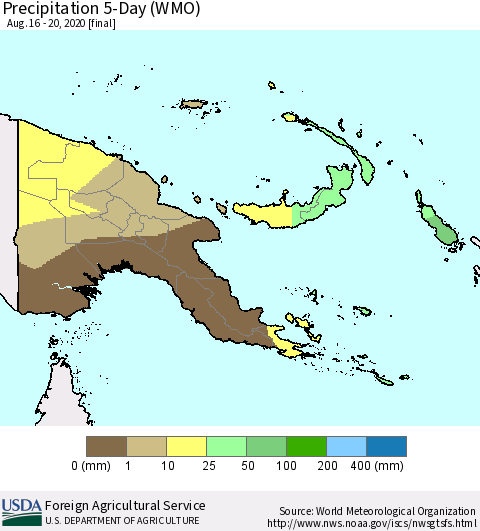 Papua New Guinea Precipitation 5-Day (WMO) Thematic Map For 8/16/2020 - 8/20/2020