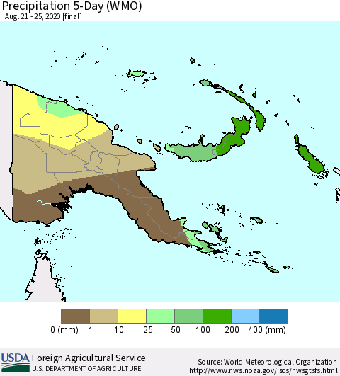 Papua New Guinea Precipitation 5-Day (WMO) Thematic Map For 8/21/2020 - 8/25/2020