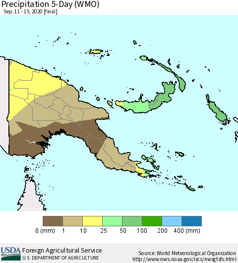 Papua New Guinea Precipitation 5-Day (WMO) Thematic Map For 9/11/2020 - 9/15/2020