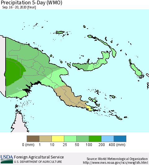 Papua New Guinea Precipitation 5-Day (WMO) Thematic Map For 9/16/2020 - 9/20/2020