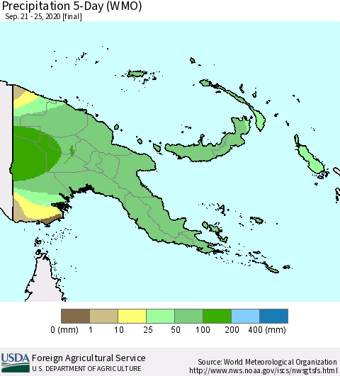Papua New Guinea Precipitation 5-Day (WMO) Thematic Map For 9/21/2020 - 9/25/2020