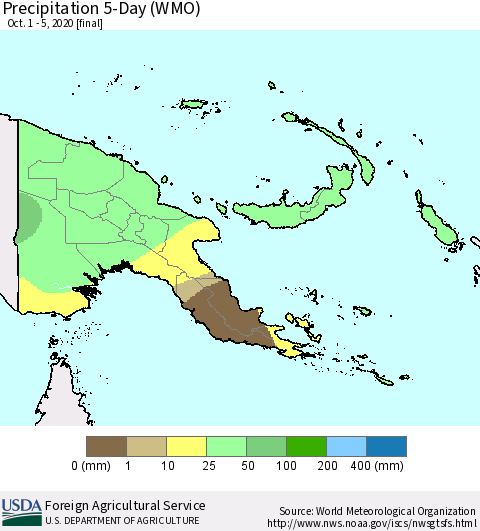 Papua New Guinea Precipitation 5-Day (WMO) Thematic Map For 10/1/2020 - 10/5/2020