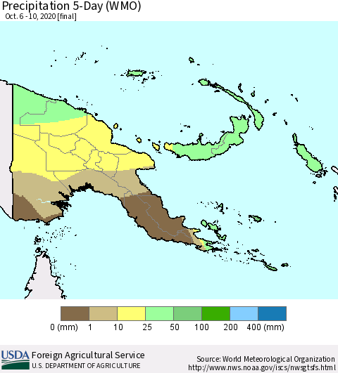 Papua New Guinea Precipitation 5-Day (WMO) Thematic Map For 10/6/2020 - 10/10/2020