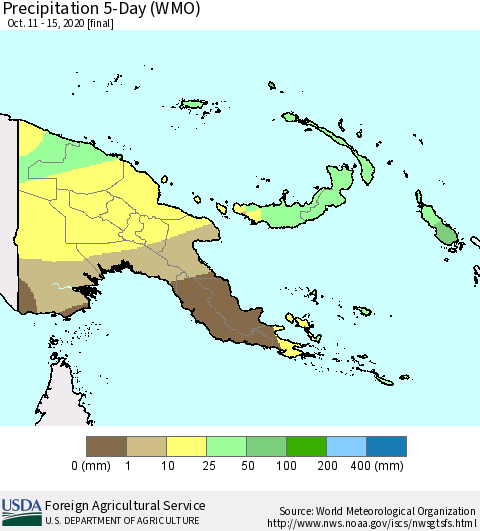 Papua New Guinea Precipitation 5-Day (WMO) Thematic Map For 10/11/2020 - 10/15/2020