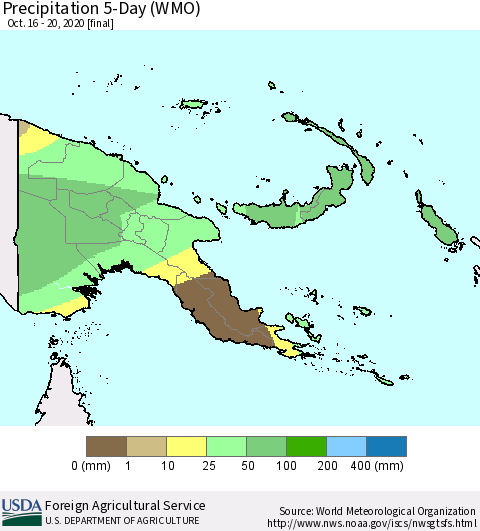 Papua New Guinea Precipitation 5-Day (WMO) Thematic Map For 10/16/2020 - 10/20/2020