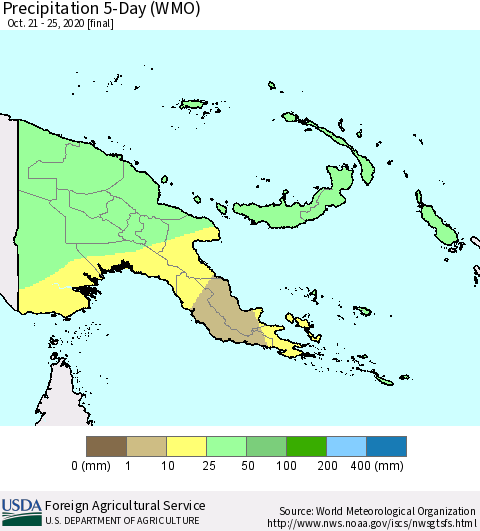 Papua New Guinea Precipitation 5-Day (WMO) Thematic Map For 10/21/2020 - 10/25/2020