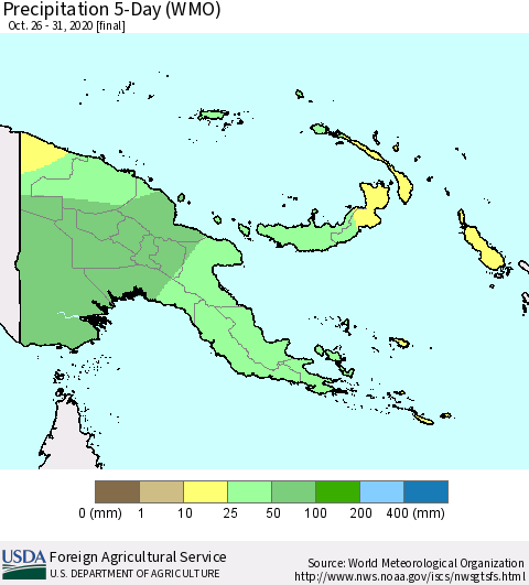 Papua New Guinea Precipitation 5-Day (WMO) Thematic Map For 10/26/2020 - 10/31/2020