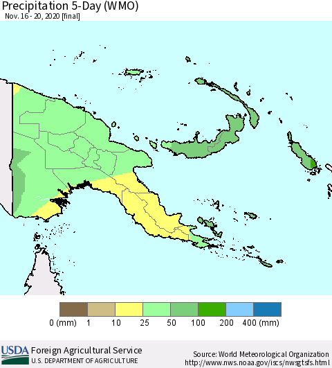 Papua New Guinea Precipitation 5-Day (WMO) Thematic Map For 11/16/2020 - 11/20/2020