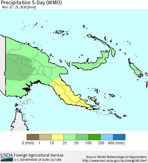 Papua New Guinea Precipitation 5-Day (WMO) Thematic Map For 11/21/2020 - 11/25/2020