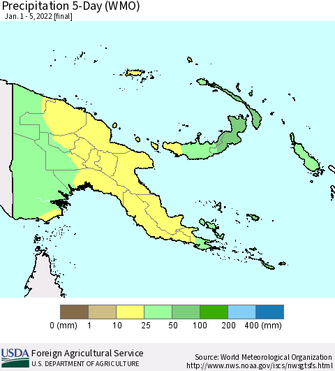 Papua New Guinea Precipitation 5-Day (WMO) Thematic Map For 1/1/2022 - 1/5/2022
