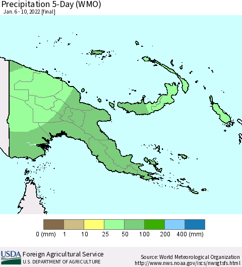 Papua New Guinea Precipitation 5-Day (WMO) Thematic Map For 1/6/2022 - 1/10/2022
