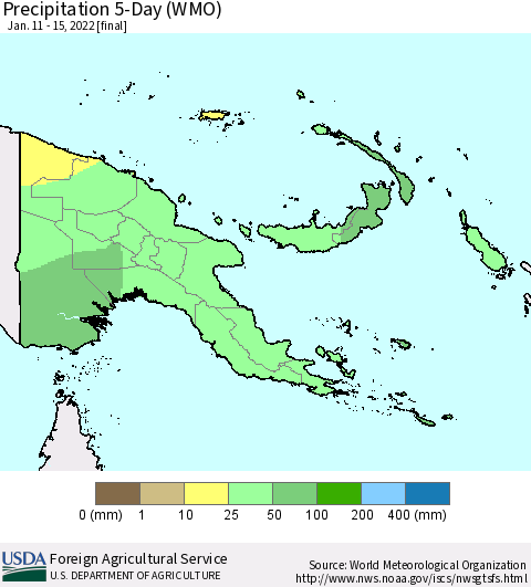 Papua New Guinea Precipitation 5-Day (WMO) Thematic Map For 1/11/2022 - 1/15/2022