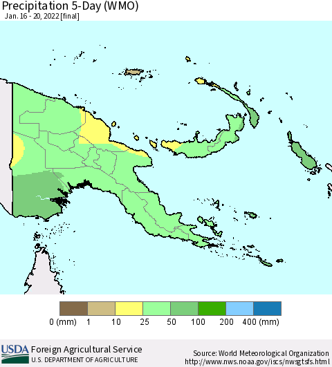Papua New Guinea Precipitation 5-Day (WMO) Thematic Map For 1/16/2022 - 1/20/2022