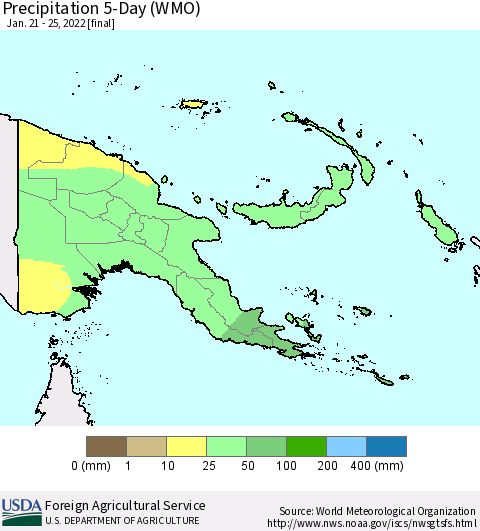 Papua New Guinea Precipitation 5-Day (WMO) Thematic Map For 1/21/2022 - 1/25/2022