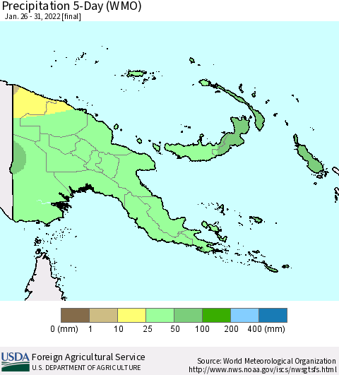 Papua New Guinea Precipitation 5-Day (WMO) Thematic Map For 1/26/2022 - 1/31/2022