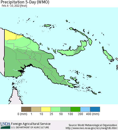 Papua New Guinea Precipitation 5-Day (WMO) Thematic Map For 2/6/2022 - 2/10/2022