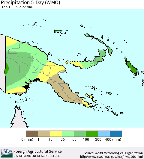 Papua New Guinea Precipitation 5-Day (WMO) Thematic Map For 2/11/2022 - 2/15/2022