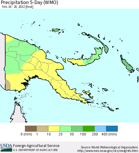 Papua New Guinea Precipitation 5-Day (WMO) Thematic Map For 2/16/2022 - 2/20/2022