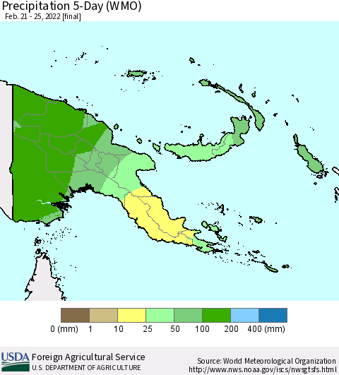 Papua New Guinea Precipitation 5-Day (WMO) Thematic Map For 2/21/2022 - 2/25/2022