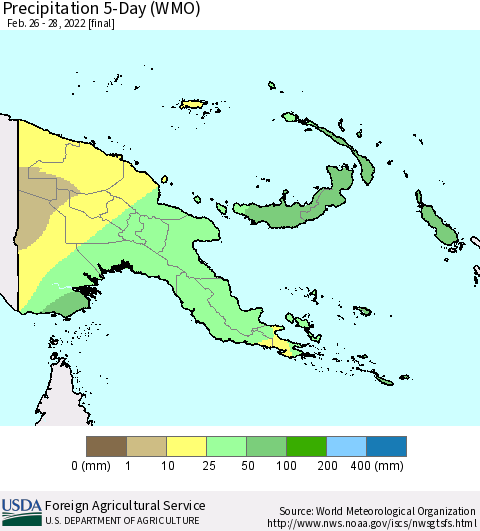 Papua New Guinea Precipitation 5-Day (WMO) Thematic Map For 2/26/2022 - 2/28/2022