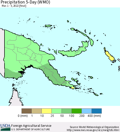 Papua New Guinea Precipitation 5-Day (WMO) Thematic Map For 3/1/2022 - 3/5/2022