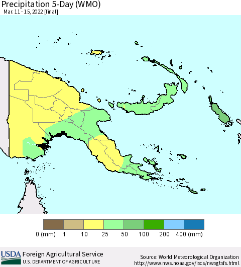 Papua New Guinea Precipitation 5-Day (WMO) Thematic Map For 3/11/2022 - 3/15/2022