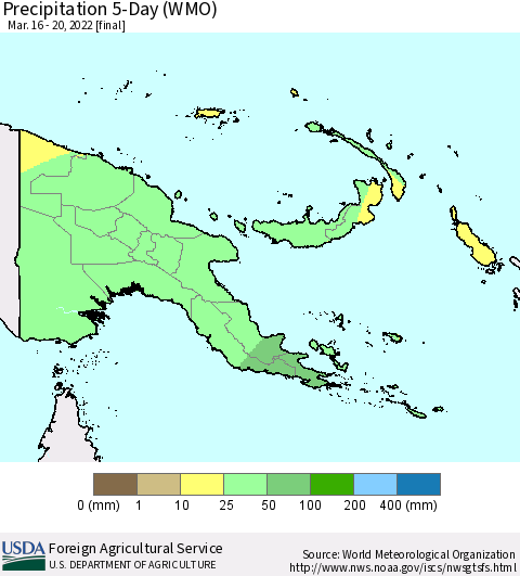 Papua New Guinea Precipitation 5-Day (WMO) Thematic Map For 3/16/2022 - 3/20/2022
