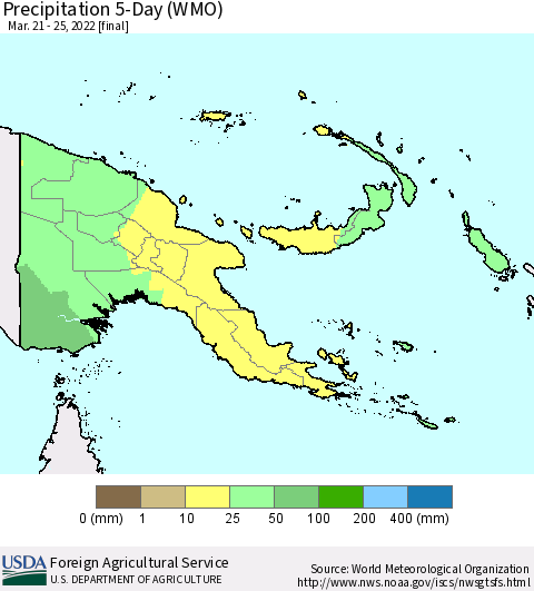 Papua New Guinea Precipitation 5-Day (WMO) Thematic Map For 3/21/2022 - 3/25/2022