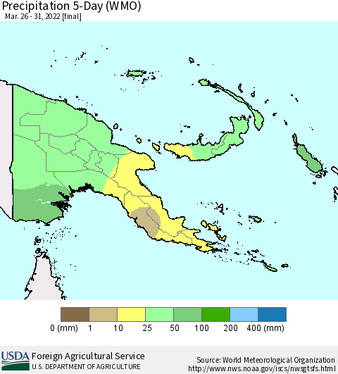 Papua New Guinea Precipitation 5-Day (WMO) Thematic Map For 3/26/2022 - 3/31/2022