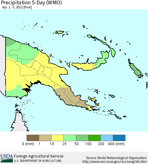 Papua New Guinea Precipitation 5-Day (WMO) Thematic Map For 4/1/2022 - 4/5/2022