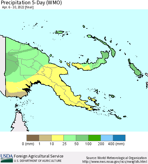 Papua New Guinea Precipitation 5-Day (WMO) Thematic Map For 4/6/2022 - 4/10/2022