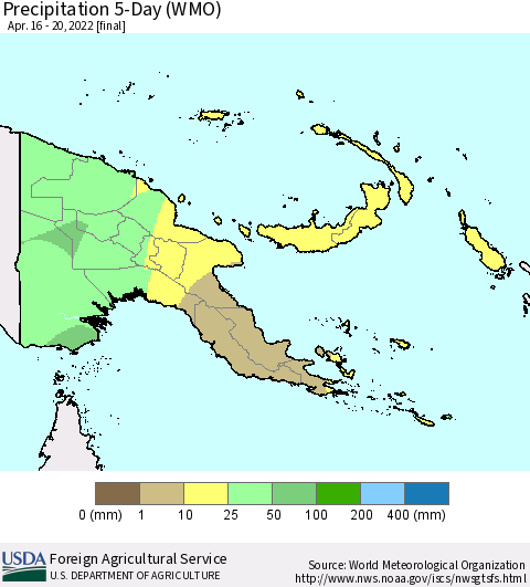 Papua New Guinea Precipitation 5-Day (WMO) Thematic Map For 4/16/2022 - 4/20/2022