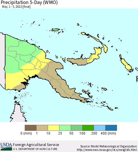 Papua New Guinea Precipitation 5-Day (WMO) Thematic Map For 5/1/2022 - 5/5/2022