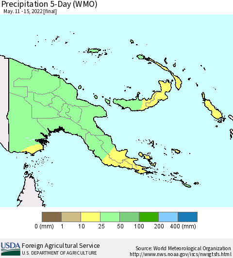 Papua New Guinea Precipitation 5-Day (WMO) Thematic Map For 5/11/2022 - 5/15/2022