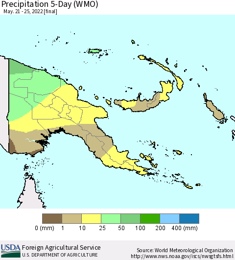 Papua New Guinea Precipitation 5-Day (WMO) Thematic Map For 5/21/2022 - 5/25/2022