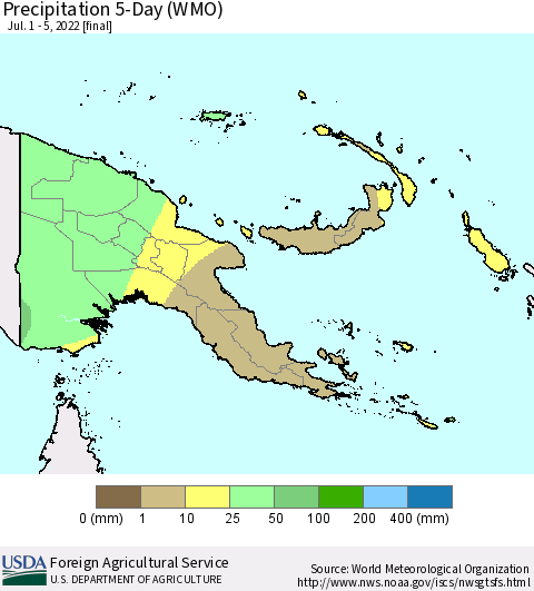 Papua New Guinea Precipitation 5-Day (WMO) Thematic Map For 7/1/2022 - 7/5/2022