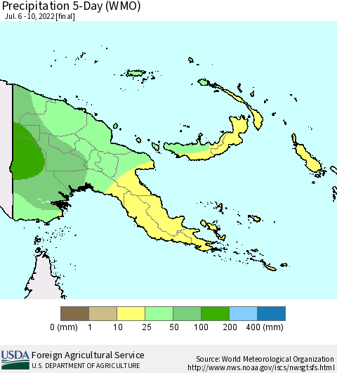 Papua New Guinea Precipitation 5-Day (WMO) Thematic Map For 7/6/2022 - 7/10/2022